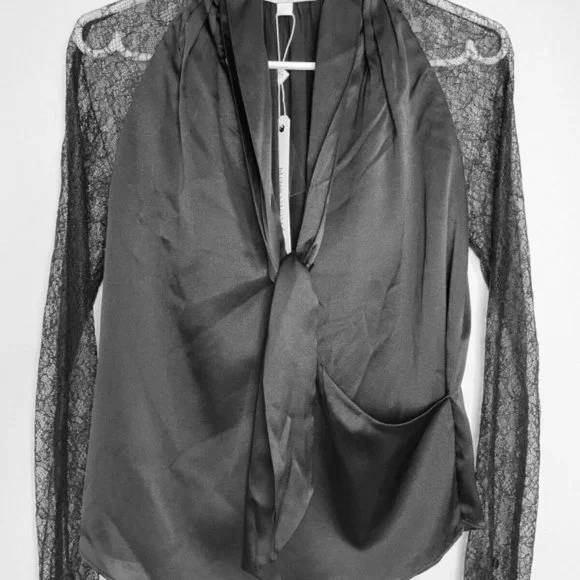 Jonathan Simkhai Satin Tie Neck Chantilly Lace Sleeve Wrap Black Blouse XS - Picture 4 of 12